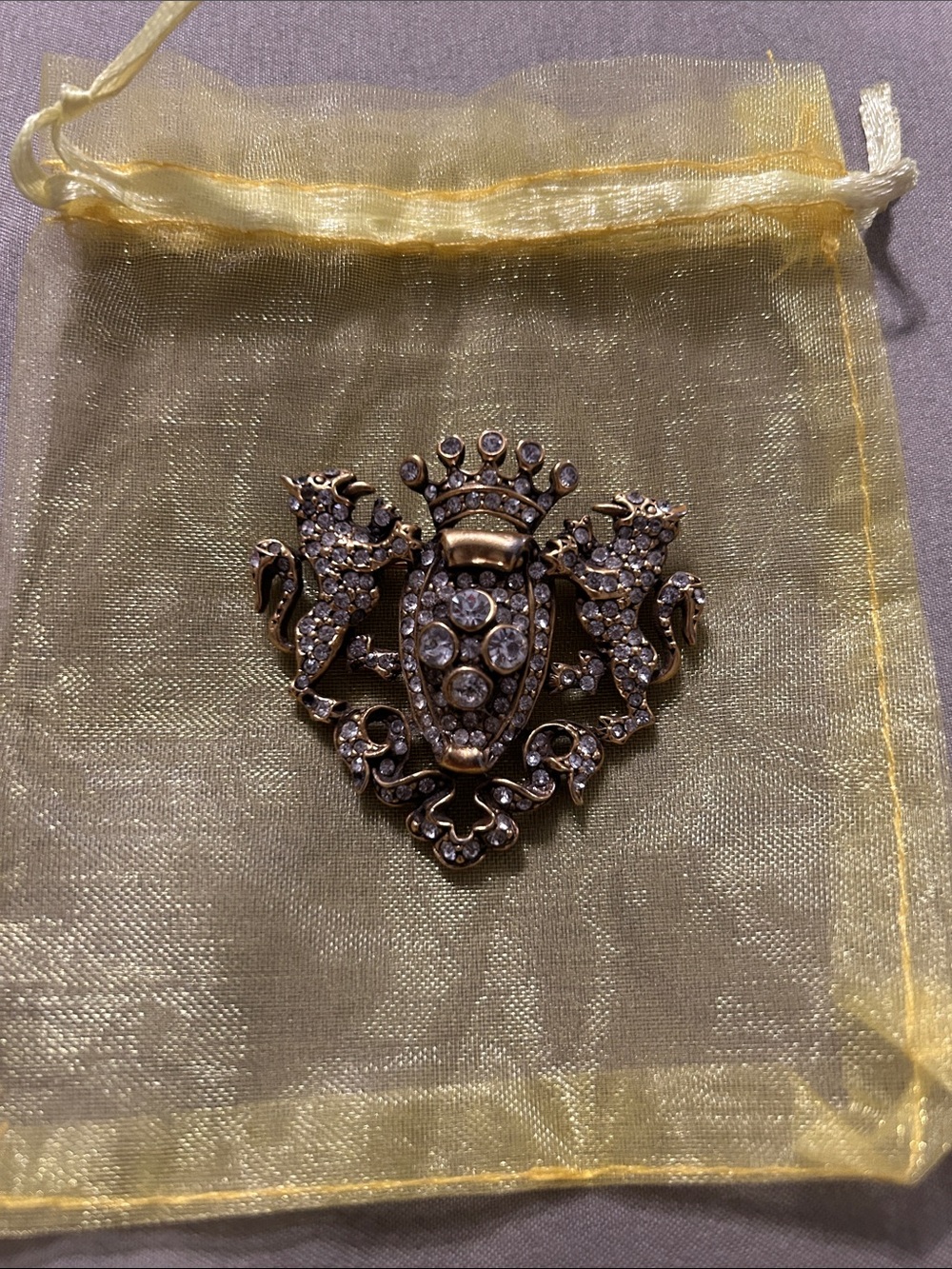 Vintage ALEXIS KIRK Gold Tone Medieval COAT OF ARMS Rhinestone Brooch Pin, 1.7"